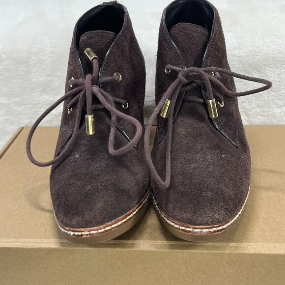 Tory Burch Suede Booties 6.5M Brown Lace-Up Fur Lined Leather Upper Heel - Picture 2 of 6